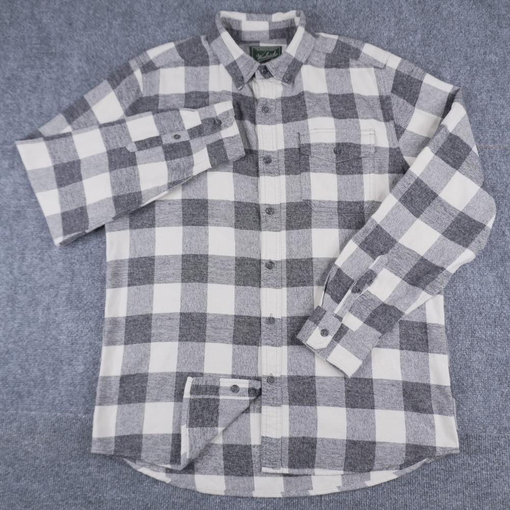 Woolrich Flannel Shirt Mens Large Grey White Buffalo Check Organic 100% Cotton
